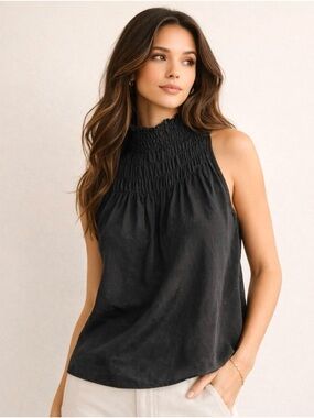 Frame smocked Silk High-Neck Top Sleeveless Quiet Luxury Minimalist Sz S